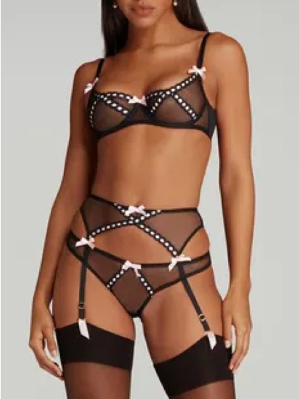 Agent Provocateur rozey Black Sheer Mesh Bra & Garter Set with Pink Bows